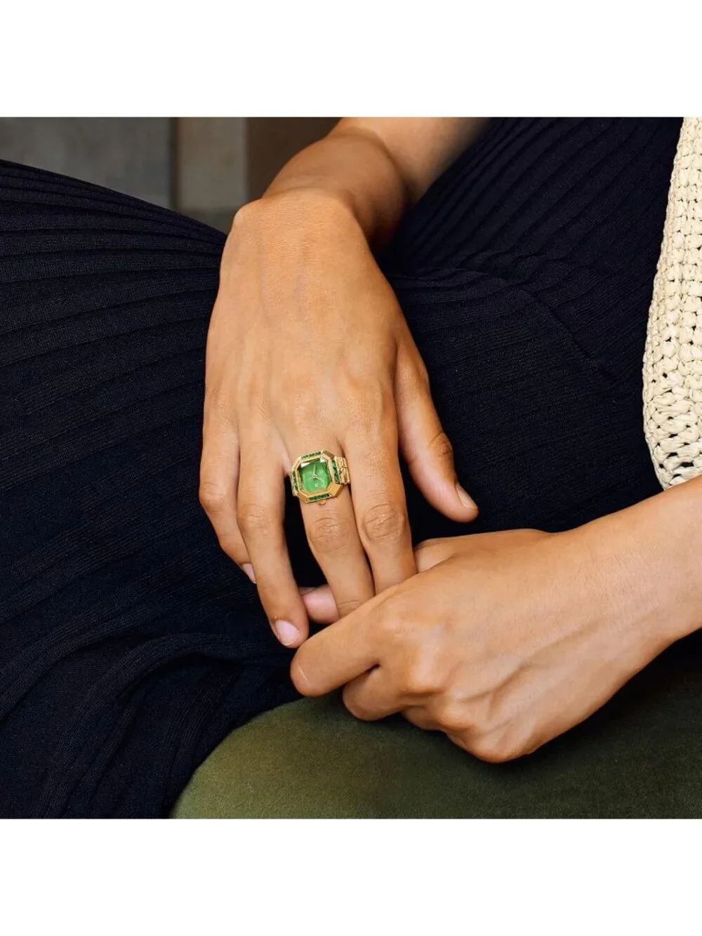 Unisex Gold Green Analog Quartz Gem Cut Lab Grown Sofia Prism Finger Ring Watch